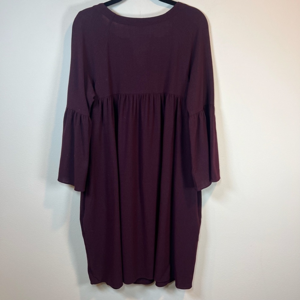 Theory Wool Blend Baby Doll Dress Burgundy V-Neck Bell Sleeves Pleats Sz Medium - Picture 2 of 11